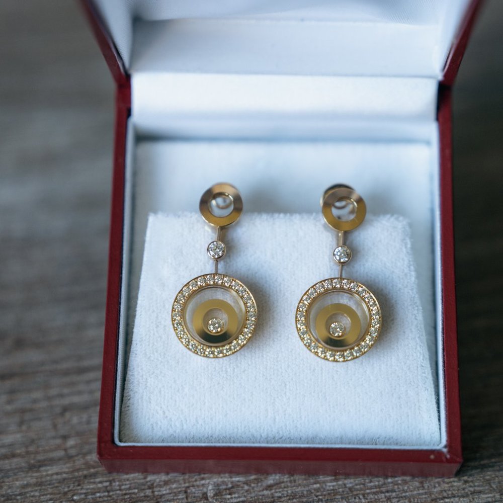 Chopard Diamond Gold Happy Spirit Collection Drop Earrings Authentic w Paperwork